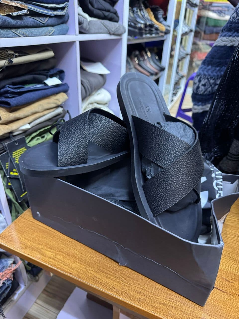 Capri Black Leather Cross-Strap Slides