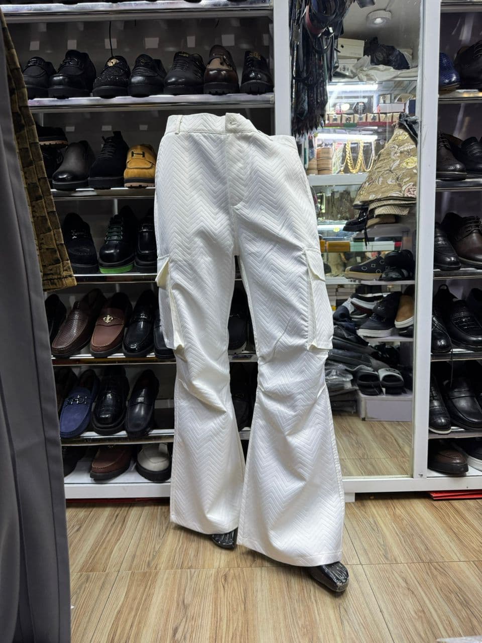 Ivory Chevron Flared Cargo Trousers