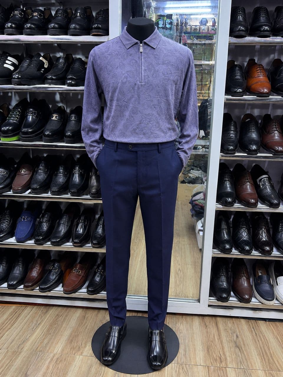 Lavender Paisley Long-Sleeve Zip Polo