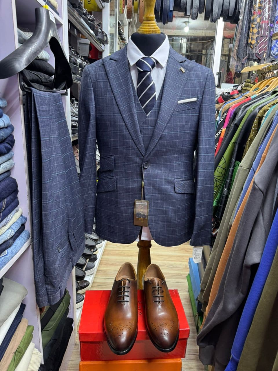 Navy Windowpane Three-Piece Suit