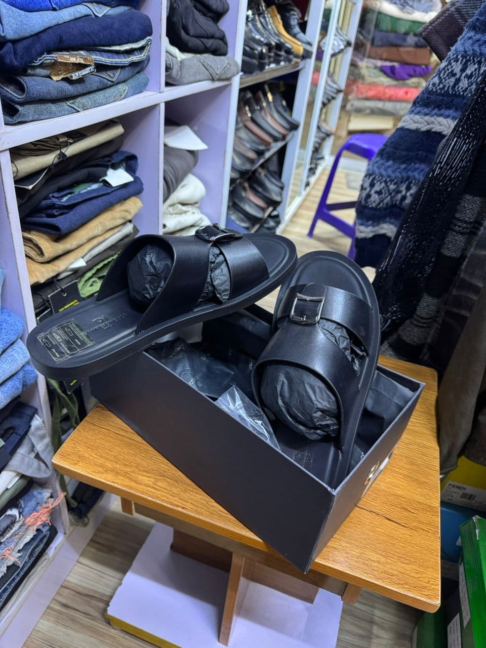 Verona Black Buckle Slides
